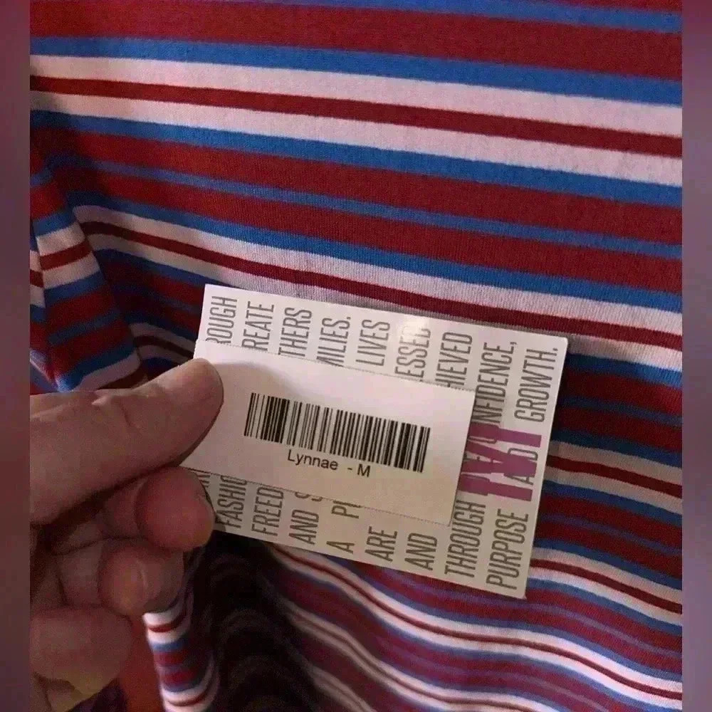 Lularoe medium stripe long sleeve Lynnae top.‎ Burgundy, blue, pink stripe. NWT. - Picture 5 of 8